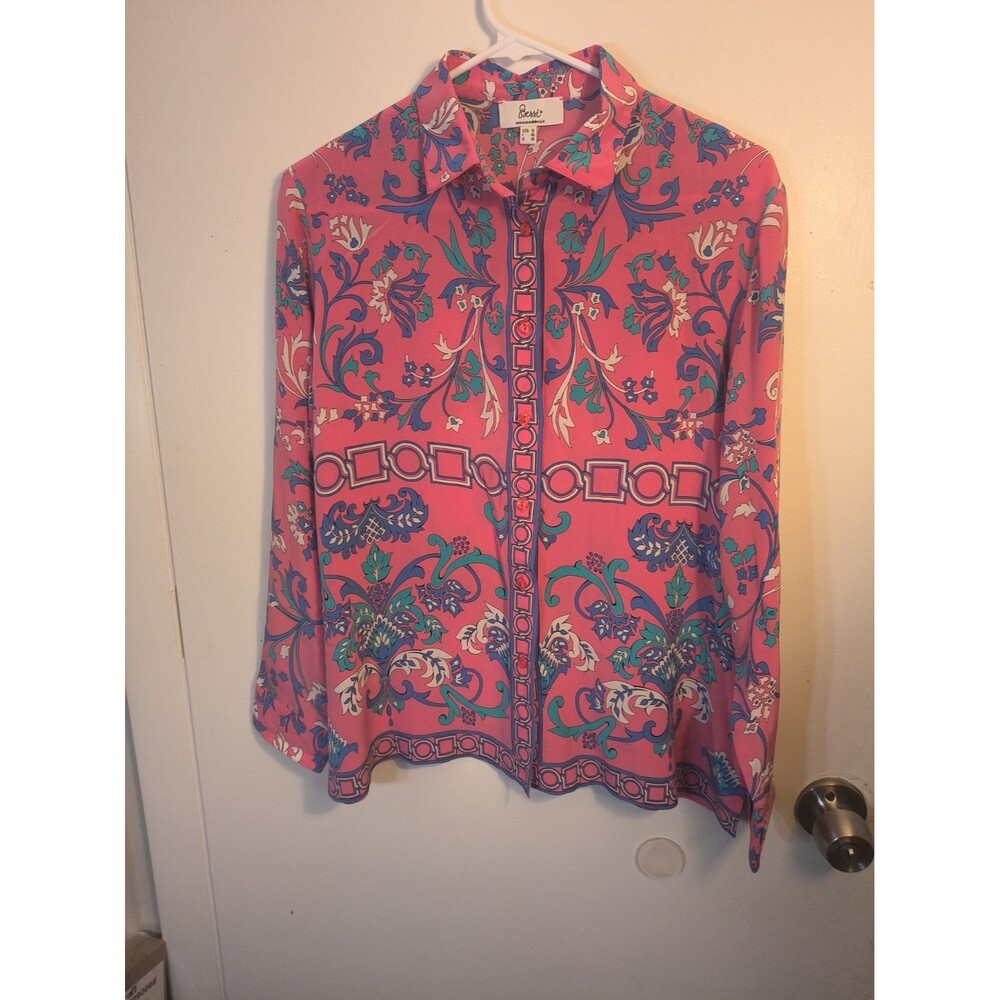 Averardo Bessi Silk Blouse Womens 12 Pink Blue Mod Psychedelic Geometric Italy